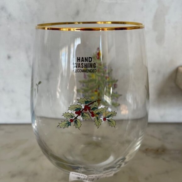 SPODE Christmas Tree Pattern Gold Rimm Stemless Wine Glass - Picture 5 of 10